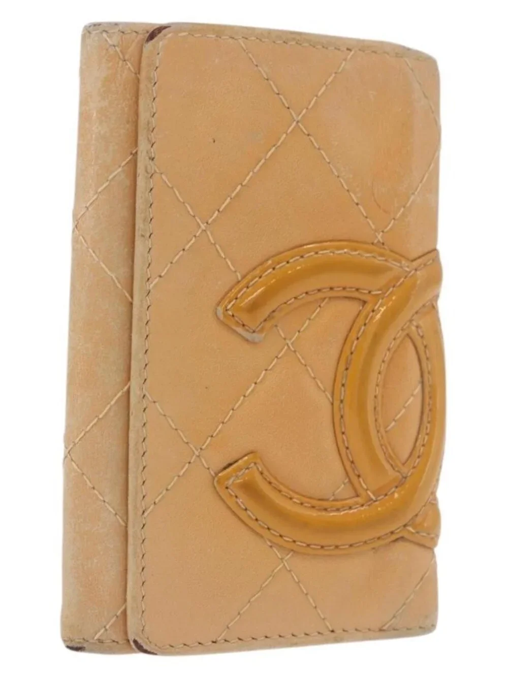 CHANEL Cambon Line Matelasse Key Case Leather Beige Silver CC Auth ep14903